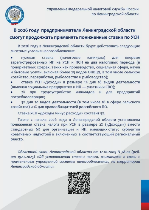 Список льготных условий налогообложения, которые будут действовать в 2026 году в Ленинградской области